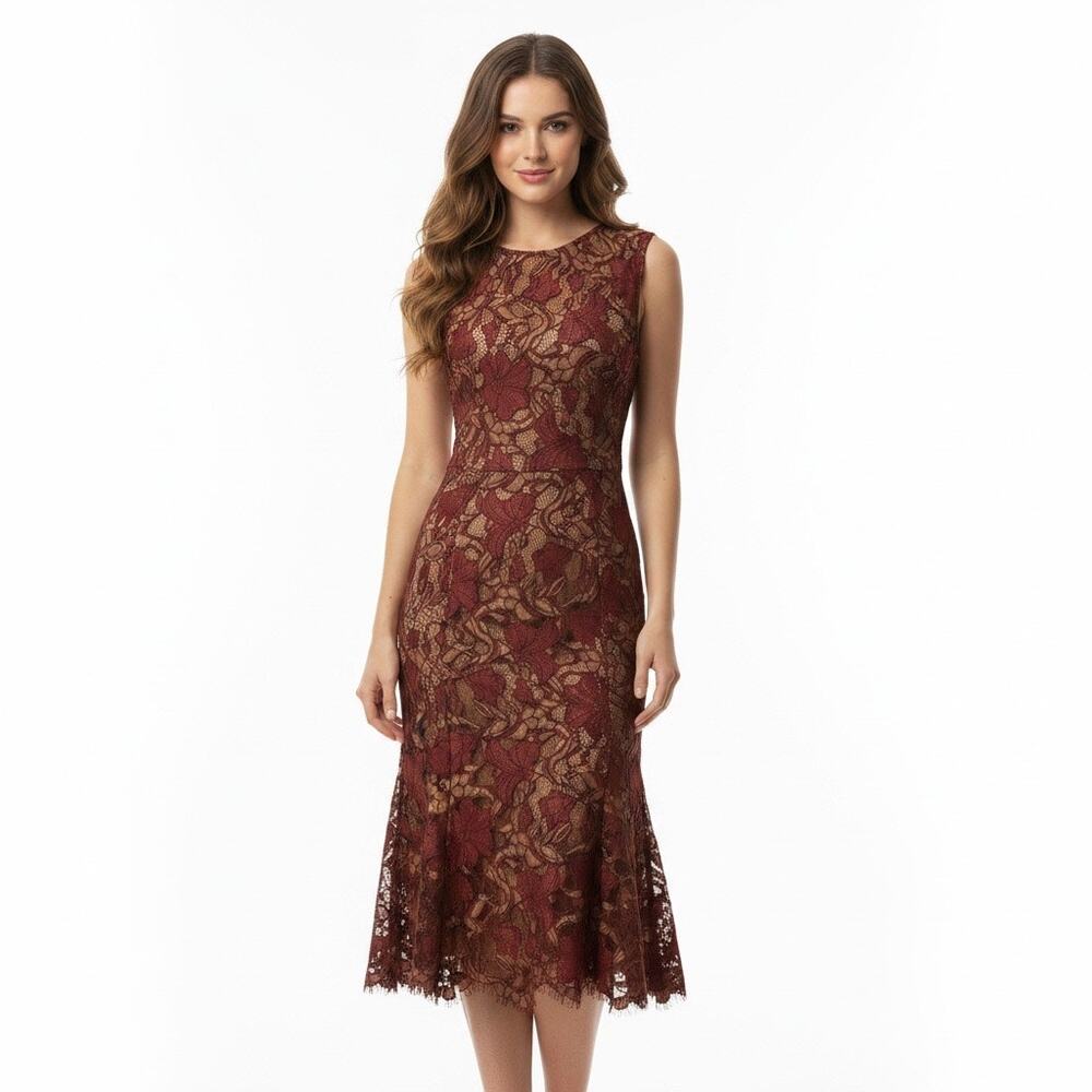 Calvin Klein Rust Brown Floral Lace Midi Dress Sleeveless Wedding 8 Fall Autumn